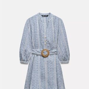 Zara Blue Mini Dress with Bishop Sleeves and Mandarin Collar